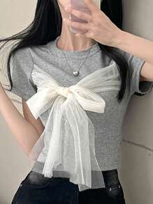 DAZY Women's Round Neck Fitted Cropped Contrast Mesh Bowknot Short Sleeve T-Shirt, Spring/Summer - Grey - View 2