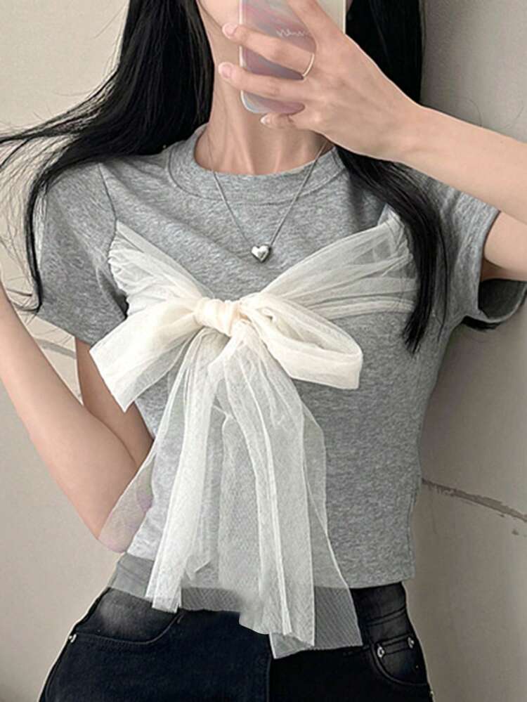 Women's Round Neck Fitted Cropped Contrast Mesh Bowknot Short Sleeve T-Shirt, Spring/Summer