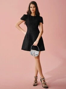 Enchnt 春夏浪漫女士黑色泡泡袖花式纱线粗花呢可爱公主 A 字迷你连衣裙，甜美优雅，适合情人节、生日、节日派对、甜蜜约会之夜和日常通勤 - 黑色 - 查看 5