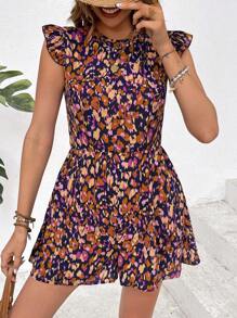 SHEIN Frenchy 女士简约时尚休闲日常连体裤，春/夏，印花面料，系带撞色蝴蝶结，短袖短裤连体裤 - 彩色 - 查看 2