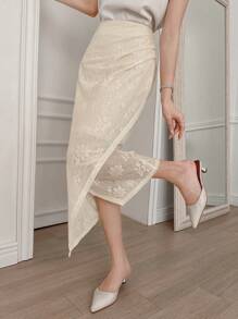 DAZY Solid Color Ruched Asymmetric Lace Women Skirt - Beige - View 1