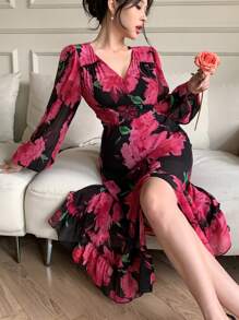 DAZY V-Neck Lantern Sleeve Slit Floral Mid-Length Women Dress Prom Dress Elegant,Ruffle,Fall Dress Long Sleeve Dress Easter Maxi Dress - Red - View 3