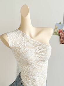 Soleia Women's Romantic Floral Lace One Shoulder Asymmetric Hem Back Tie Sheer Top For Holiday,New Years Women,White Top,Birthday For Women, Western Wear Women,Holiday Party Top,Valentine's Day