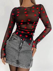 SHEIN Essnce Áo lưới mỏng in hình trái tim cho ngày lễ tình nhân, áo nữ thanh lịch gợi cảm - Đỏ và đen - Xem 1
