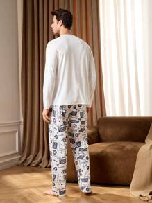 Men's Pajama Set: Long Sleeve Top And Pants - White - View 2