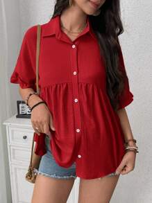 SHEIN Maternity Casual Solid Color Batwing Sleeve Blouse - Red - View 3