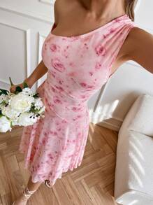 SHEIN VCAY Váy thường ngày lệch vai họa tiết hoa nhỏ nhắn, ngày lễ tình nhân, trang phục hẹn hò, trang phục nghỉ lễ cho nữ - Hồng - Xem 5