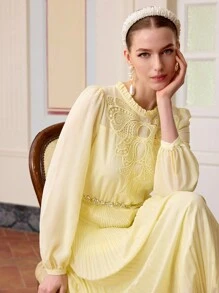 ZEYLAH EMBROIDERED PLEATED LONG SLEEVES DRESS, SPRING DRESS,SPRING/SUMMER - Yellow - View 3