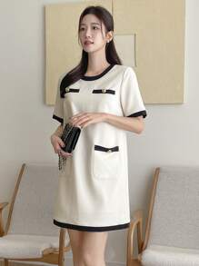 DAZY Color Block Round Neck Women's Casual Short Sleeve Mini Dress Sundress - Beige - View 7