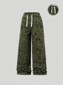 Tween Girls Casual Daily Urban Street Chic Wide Leg Denim Jeans, Green Leopard Print With Elastic Waistband & Adjustable Drawstring