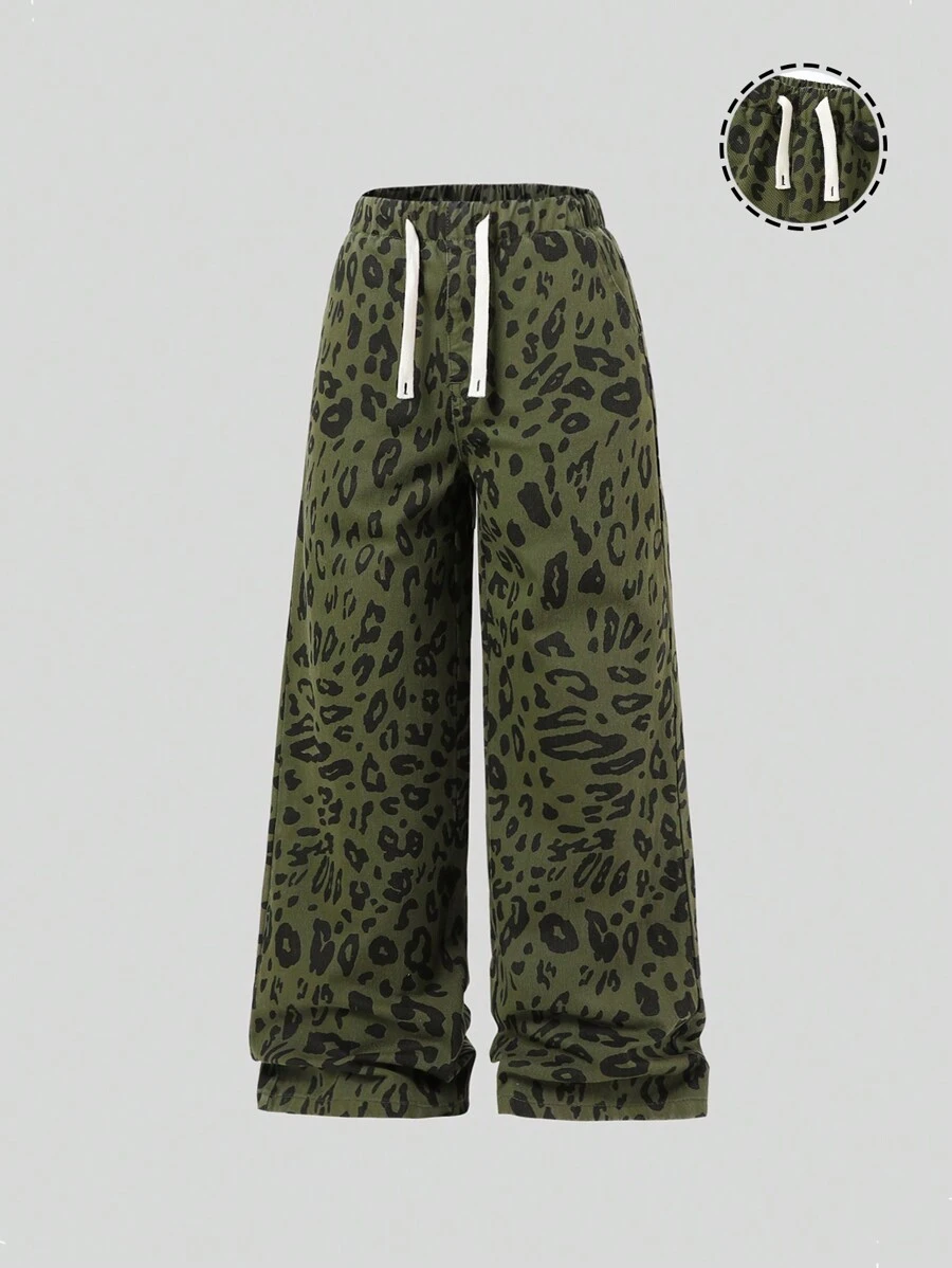Tween Girls Casual Daily Urban Street Chic Wide Leg Denim Jeans, Green Leopard Print With Elastic Waistband & Adjustable Drawstring
