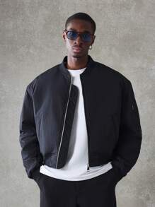 SUMWON Premium Lightweight Bomber Jacket With Utility Sleeve Pocket Classic Streetwear Outerwear Athletic Flight Jacket For Fall Winter Spring - Black - View 2