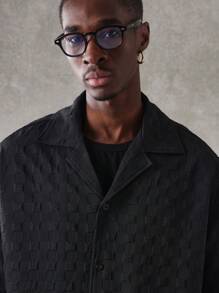 SUMWON 奢华纹理露营领度假衬衫超大纽扣领夏季海滩度假晚装短袖休闲轻质提花衬衫