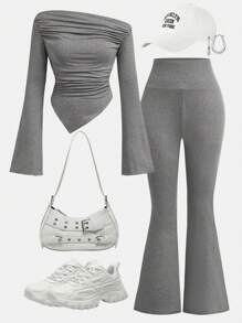 Girlism Teenager Mädchen 2-teiliges Set aus Lässig Plissee Langarm Trikot Top und Schlaghose für Zuhause und draußen, Reise Outfit Flughafen