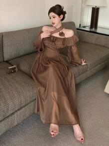 DAZY Fitted Pieced Ruffle Off Shoulder Standout Floral Decor Midi Dress For Women,Fall Dress Long Sleeve Dress