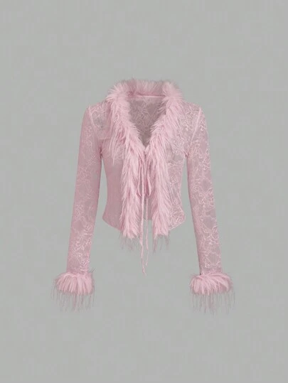 EgrlEra 女士性感蕾丝透明蓬松拼接系带腰部女式上衣 Y2K