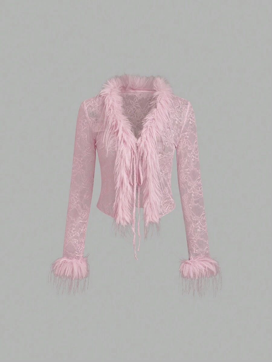 EgrlEra 女士性感蕾丝透明蓬松拼接系带腰部女式上衣 Y2K - 粉色 - 查看 1