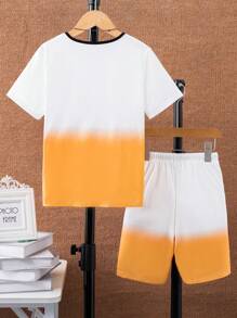 SHEIN Tween Boy Letter Graphic Ombre Contrast Trim Tee & Drawstring Waist Shorts - Orange - View 2