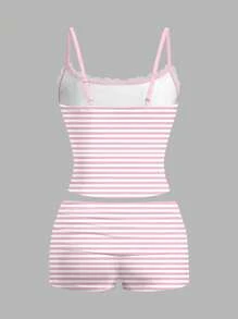SHEIN Essnce 2pcs/Set Pink Striped Halter Top And Shorts Set, Summer Two-Piece Set, Home Two-Piece Set,Women Lace Camisole And Drawstring Shorts Suit, Suitable For Summer - Pink - View 2