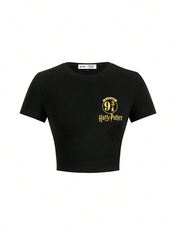 HARRY POTTER X SHEIN Women's Casual Letter Graphic Round Neck Short Sleeve T-Shirt, Summer Suitable For Going Out