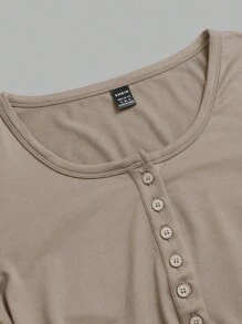 SHEIN EZwear Multicolor Women Basic Long Sleeve V-Neck Knitted T-Shirt - Khaki - View 6