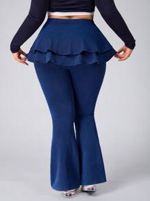 SHEIN Essnce Plus Size Casual Flounce 2 In 1 Flared Jeans Stretchy Knit Denim Apple Bottom Jeans - Medium Wash - View 4