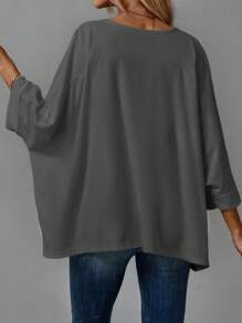 SHEIN CURVE+ 大码长袖宽松舒适家庭风格女式 T 恤 - 深灰色 - 查看 2
