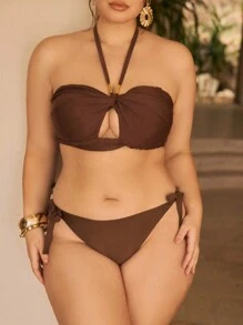 Swim Chiccia Plus Size Solid Color Adjustable Strap Camisole & Swim Short Bikini Set, Summer Beach Swimwear - Coffee Brown - View 6