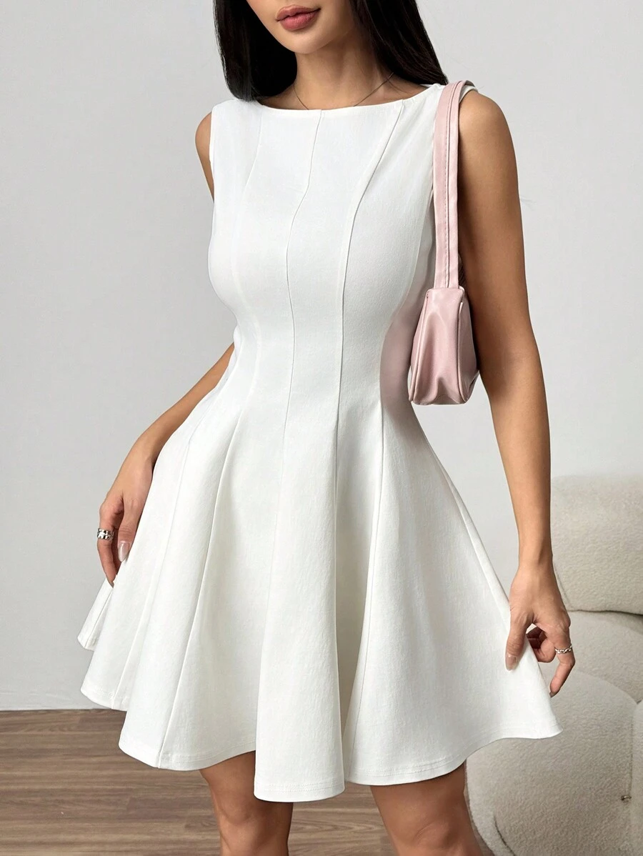 SHEIN EZwear Đầm không tay bó eo màu trơn thanh lịch dành cho nữ - trắng - Xem 1