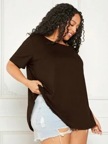 SHEIN CURVE+ 大码女式纯色圆领短袖休闲 T 恤 - 咖啡棕 - 查看 6