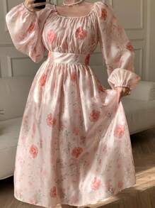 DAZY Vestido floral de gasa con escote cuadrado, mangas farol, cintura recogida y fluido para vacaciones de verano
