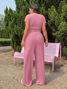 SHEIN EZwear Plus Size Textured Knit T-Shirt And Pants 2 Pieces Set With Drawstring, Casual