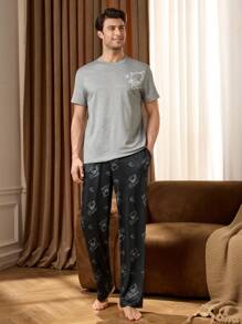 2pcs/Set Men Star Print Crew Neck Short Sleeve T-Shirt And Pants Pajamas Set