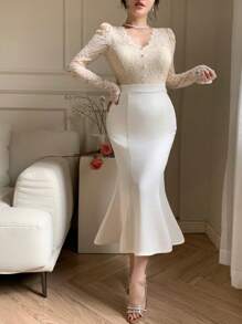 DAZY V领蕾丝拼接长款鱼尾连衣裙，优雅大方，适合婚礼、秋季穿着，长袖设计，可作连衣裙穿着。 - 米色 - 查看 3