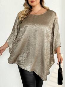 SHEIN CURVE+ Blusa elegante de mujer talla grande con cuello redondo, mangas 3/4, diseño suelto y bajo asimétrico en color metálico sólido, atuendos térmicos de invierno, ropa de mujer para Navidad, vestido de manga larga, vestido de mujer para Navidad, minifalda dorada, falda dorada, vestido de Acción de Gracias, vestido para Nochevieja, ropa de fiesta