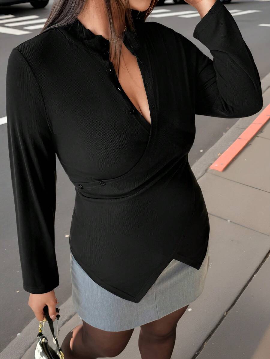 Calvaya 春季大码交叉前开半扣修身长袖T恤，黑色 - 黑色 - 查看 1