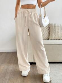 SHEIN PETITE 女士百搭休闲条纹直筒裤 - 卡其色 - 查看 5