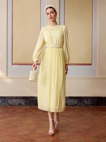 ZEYLAH EMBROIDERED PLEATED LONG SLEEVES DRESS, SPRING DRESS,SPRING/SUMMER - Yellow - View 5
