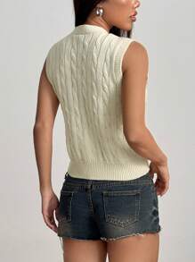 Flirla Spring/Summer Open Knit Vintage Cable Flattering Sleeveless Cardigan Sweater Vest - White - View 2