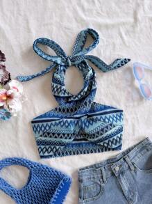 Soleia Parte superior corta de punto con rayas, escote cruzado y lazo en el cuello para mujer, ideal para vacaciones