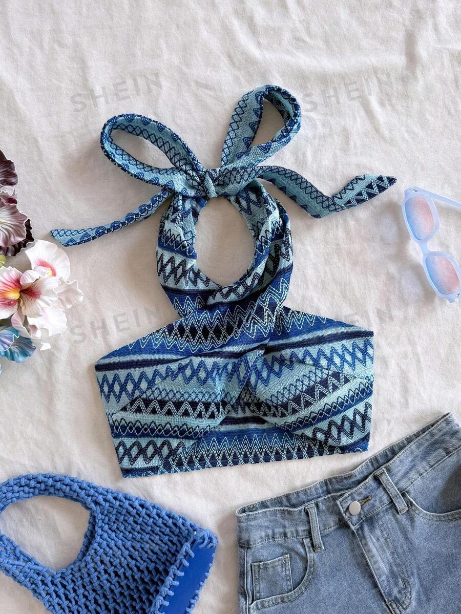 Soleia Parte superior corta de punto con rayas, escote cruzado y lazo en el cuello para mujer, ideal para vacaciones