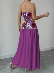 Elenzga Đầm Maxi Ống In Hoa Cho Nữ Trang Phục Nữ - Màu tím - Xem 2