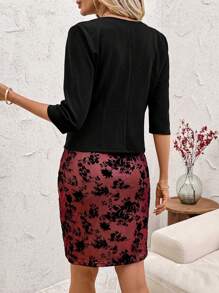 SHEIN Clasi 2pcs Women Set: Solid Color 3/4 Sleeve Jacket And Floral Print Flocked Mesh Dress - Burgundy - View 2
