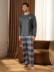 Shein Underwear&Sleepwear Basics Conjunto de 2 piezas de ropa de descanso para hombre, top de manga larga y pantalones