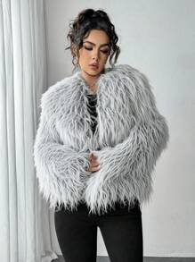 SHEIN Privé Women Vintage Faux Fur Coat, Open Front Furry Collar Fuzzy Jacket, Fashion Winter Outwear, Suitable For Valentine's Day - Grey - View 3