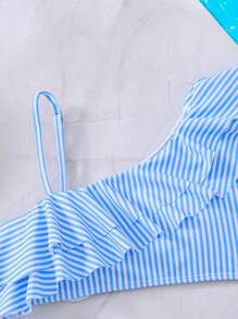 SHEIN Tween Girls Casual Multi-Layer Ruffle Asymmetrical Neck Spaghetti Strap Bikini Set, Summer Beach Vacation - Blue and White - View 4