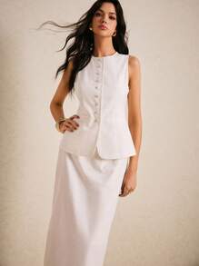 Poéselle Summer Linen Vest And Skirt Two-Piece Set For Women, Old Money Style Sleeveless Buttoned Top, Beach Skirt, Women's Pencil Skirt, White Two-Piece Set, Casual Wear, Comfortable Fabric, Breathable And Soft, Office Women's Clothing, Daily Vacation Wear, Beach Vacation Clothing