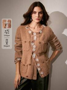 Anewsta Elegant Loose Floral Pocket Cardigan, High Quality Sophisticated Style Women Outfit For New Year