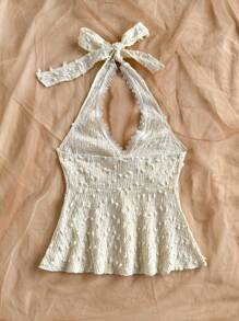 Soleia Women's Resort Knit Dotted Jacquard Textured Halter Tie Waist A-Line Vest, Suitable For Party, Date, Valentine's Day, Afternoon Tea