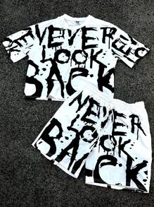 Manfinity EMRG Men's Youthful Street INS Black And White Color Block Oversized Letter Splash Ink Graffiti Digital Print Short Loose Fit Round Neck T-Shirt And Shorts Set , Men Two Pieces Outfits ,Rapper